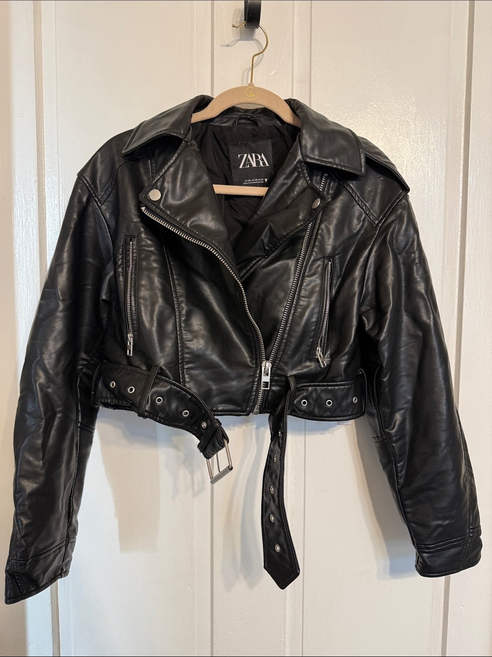 ZARA Black Faux Leather Cropped Biker Jacket